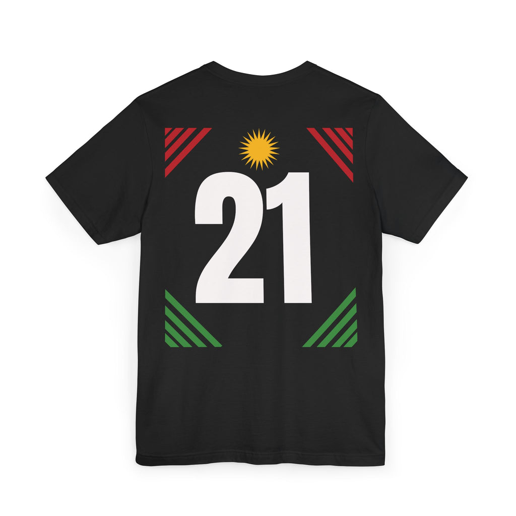 Kurdistan football jersey with number 21 and Kurdish sun design on the back