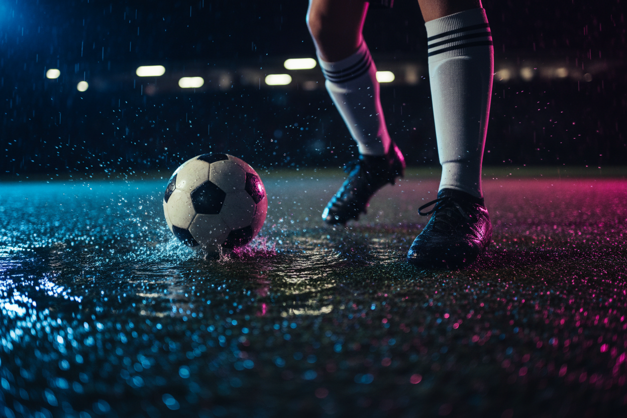 Soccer cleats on wet pitch at night